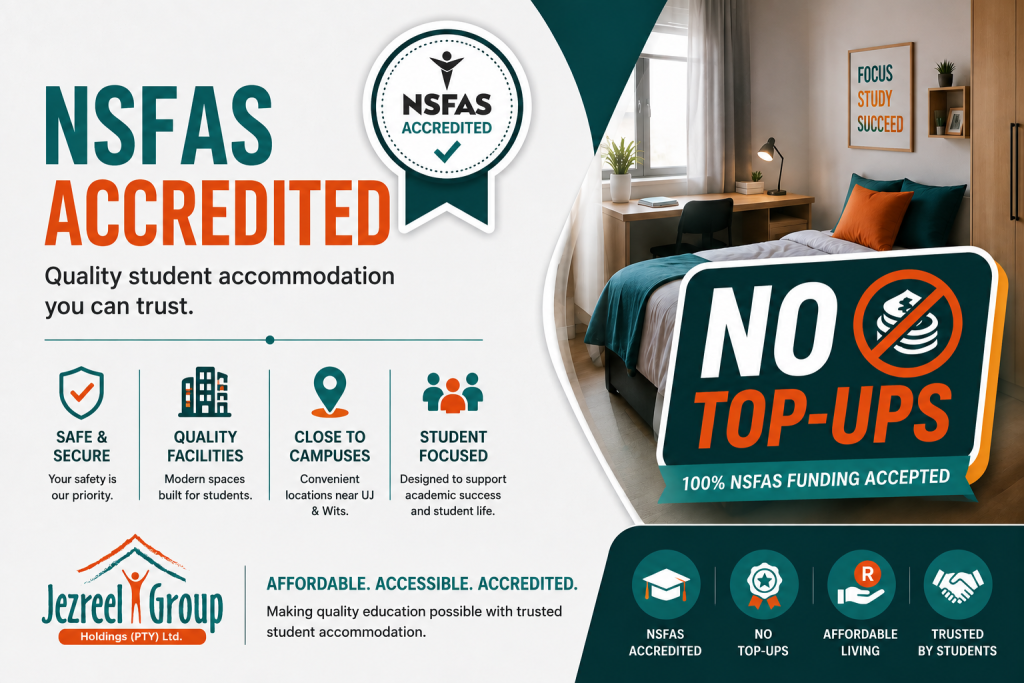 NSFAS Accredited student accommodation with no top-ups at Jezreel Group near UJ and Wits, offering safe, affordable student housing in Johannesburg.