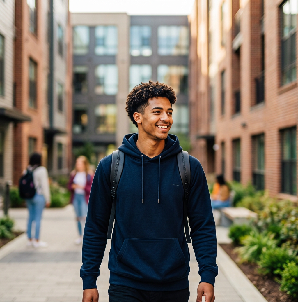 Smiling student walking past student residences near campus in Johannesburg